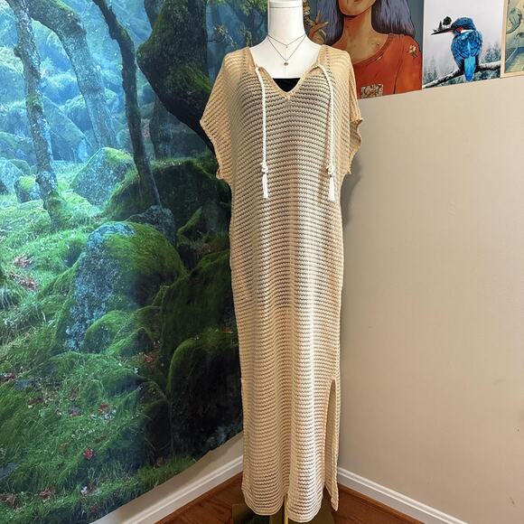 beige crochet beach cover up maxi dress resortwear boho - Picture 3 of 7